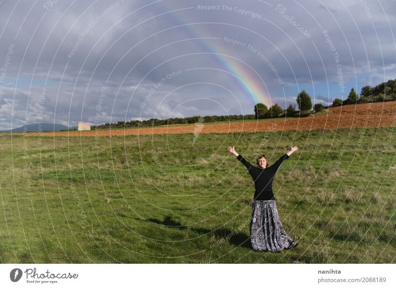 Young hippie woman posing near a rainbow Lifestyle Joy Healthy Wellness Harmonious Vacation & Travel Adventure Freedom Human being Feminine Young man