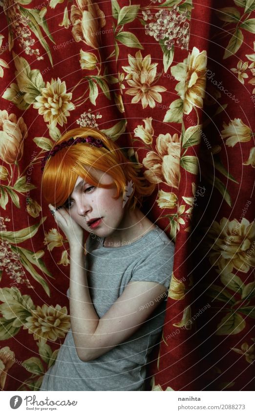 Young redhead woman posing with a curtains as background Lifestyle Elegant Style Design Beautiful Relaxation Calm Human being Feminine Young woman