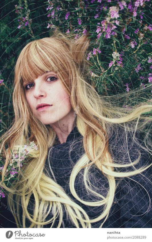 Portrait of a young blonde woman with rosemary flowers Human being Feminine Young woman Youth (Young adults) 1 18 - 30 years Adults Nature Plant Spring Flower