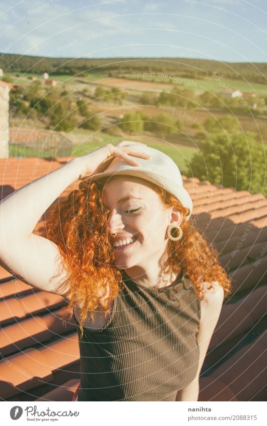 Young redhead woman enjoying a sunny day in a rural place Lifestyle Beautiful Healthy Wellness Well-being Vacation & Travel Tourism Adventure Freedom Summer