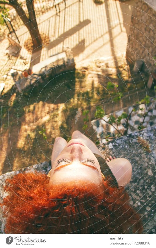 High view of a young redhead woman portrait Lifestyle Exotic Joy Healthy Wellness Harmonious Relaxation Calm Meditation Vacation & Travel Freedom Summer Sun