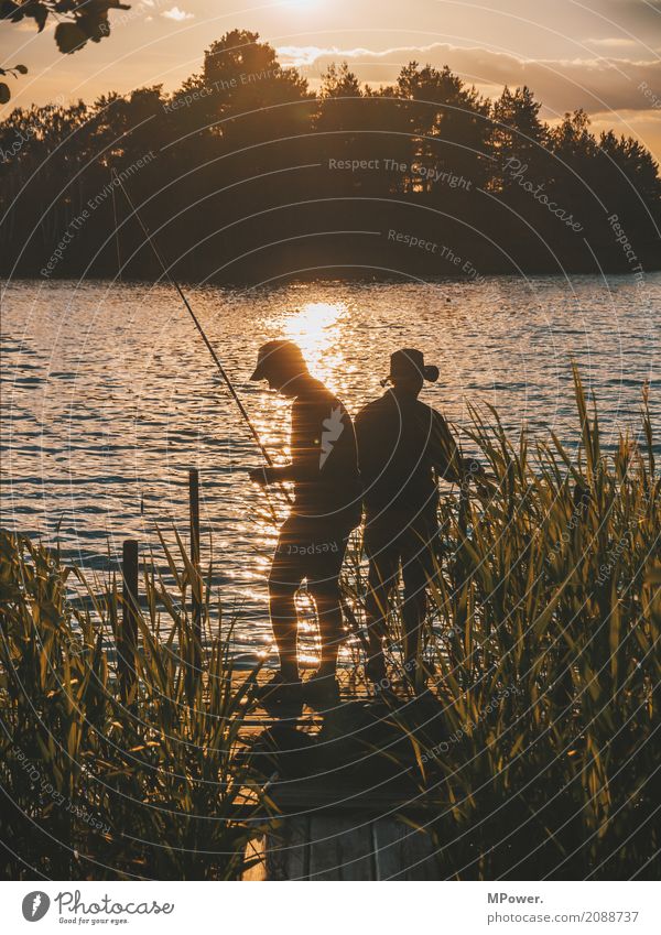 angler hotspot Human being Masculine 2 Environment Nature Beautiful weather Coast Lakeside River bank Island To enjoy Fishing (Angle) Angler Reflection