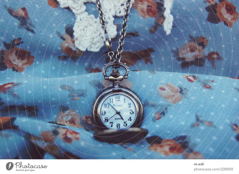 the clock is ticking Cloth Flowery pattern Accessory Necklace Fob watch Old Vintage Colour photo Exterior shot Close-up Detail Antique Antiquarian