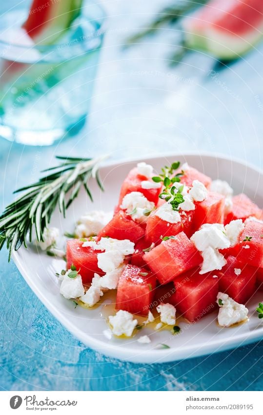 Watermelon-Feta Salad Water melon feta Feta cheese Summer Healthy Eating Dish Food photograph Lettuce Herbs and spices Summery To enjoy Fruity Cheese Hearty