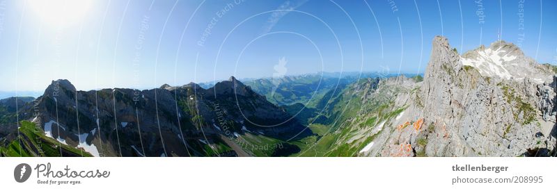 alpine Nature Landscape Sky Cloudless sky Horizon Sun Sunlight Summer Grass Alps Mountain Mount Säntis Alpstein Eastern Switzerland kurfries toggenburg