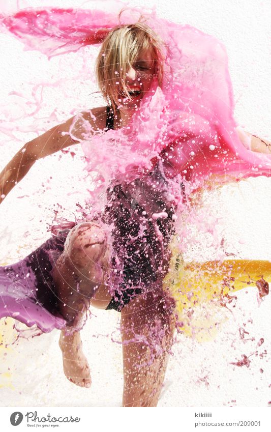 zippy Feminine Young woman Youth (Young adults) 1 Human being Bikini Swimsuit Blonde Short-haired Water Drop Movement Scream Jump Fluid Wet Yellow Pink Black