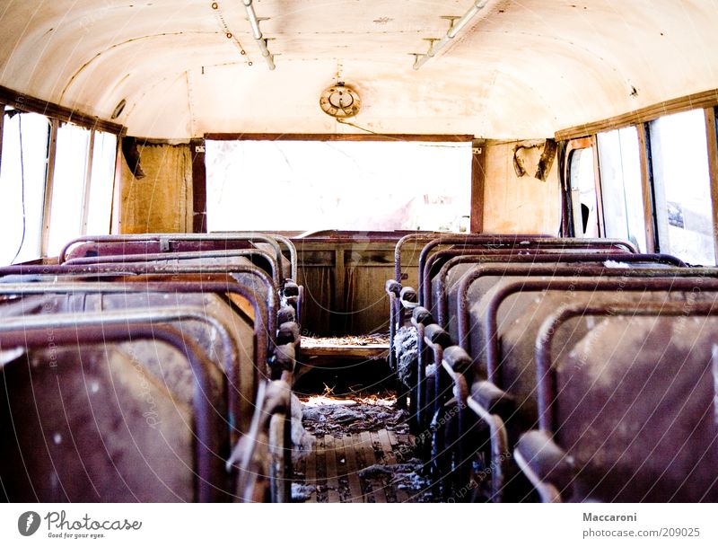 Class trip 1978 Leisure and hobbies Trip Far-off places Public transit Bus travel Traffic accident Old Derelict Dirty Window pane Retro Broken Seat Empty