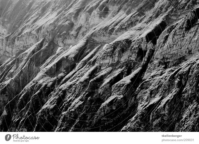 prehistoric rock Elements Earth Rock Alps Mountain Gray Black Slope Black & white photo mountainous Contrast Shadow Shadow play Rocky gorge Alpstein