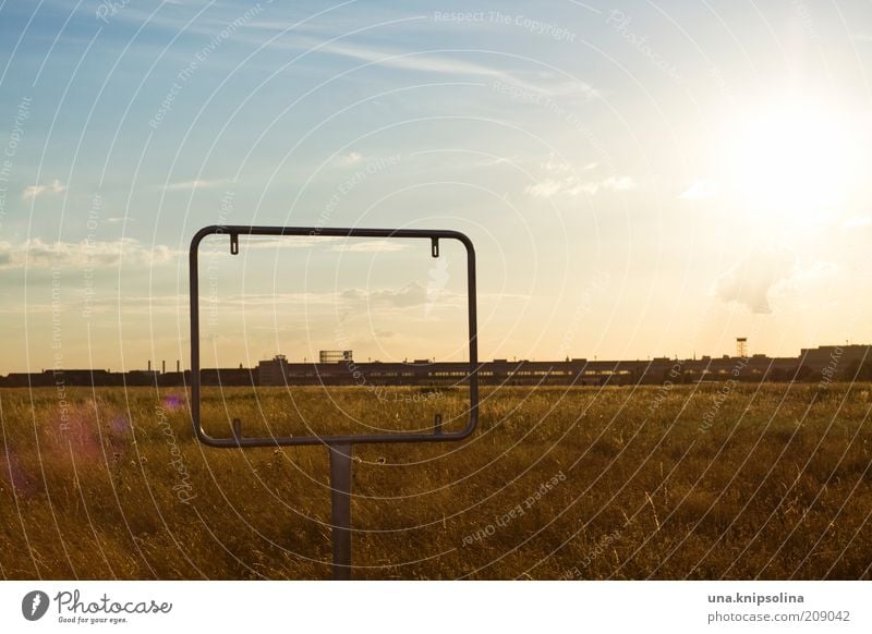 frame Landscape Horizon Sunlight Beautiful weather Meadow Berlin Airport Airfield Perspective Frame Freedom Far-off places Signs and labeling Metal Sky Summer