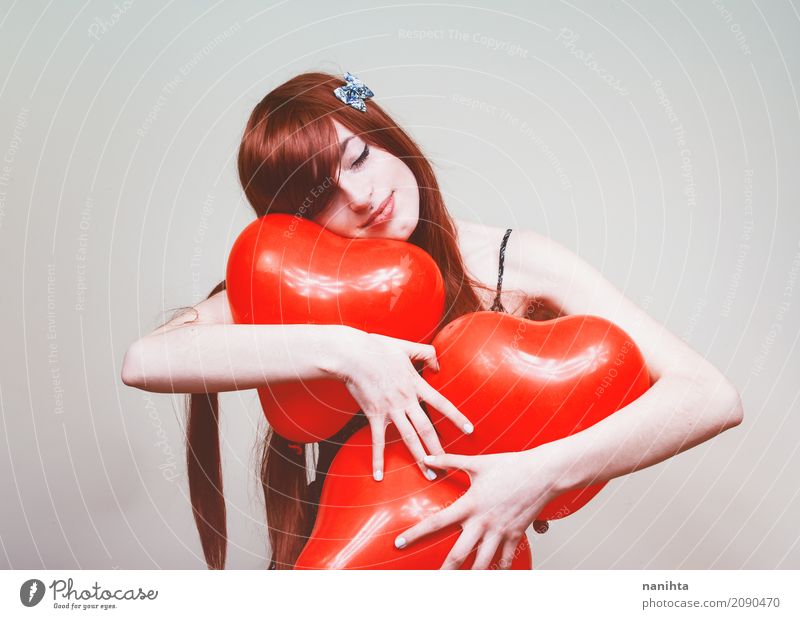 Young redhead woman hugging heart balloons Beautiful Healthy Health care Wellness Well-being Valentine's Day Human being Feminine Young woman