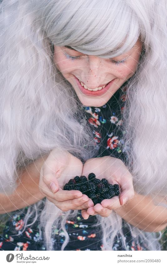 Young woman with blackberries in her hands Food Fruit Blackberry Nutrition Lifestyle Joy Happy Beautiful Wellness Well-being Human being Feminine