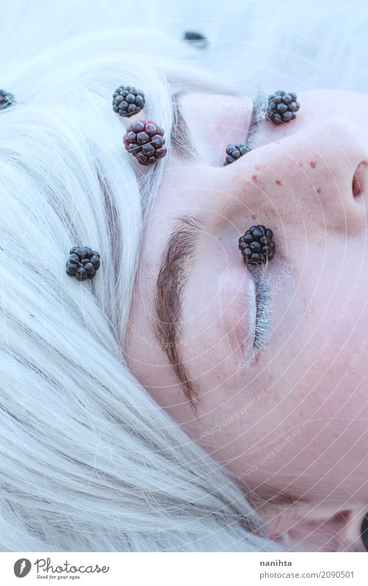 Magical close up of a young woman's closed eyes Food Fruit Blackberry Exotic Beautiful Skin Mascara Freckles Human being Feminine Young woman