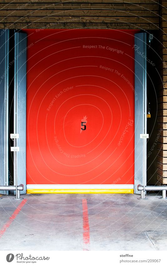 Number five's alive. Door Red Digits and numbers Warehouse Colour photo Multicoloured Exterior shot 5 Roll-down door Sliding gate Deserted Ground markings Day