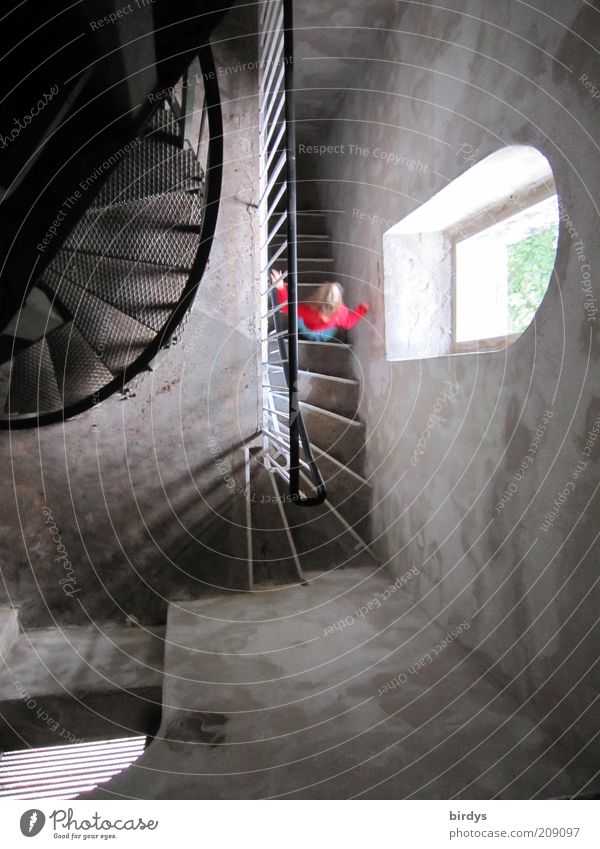 dream staircase Girl 1 Human being 3 - 8 years Child Infancy Tower Stairs Window Movement Going Exceptional Historic Red Curiosity Loneliness Bizarre