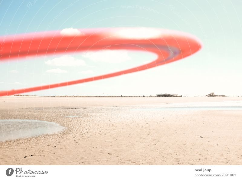 Catch me! Playing Far-off places Frisbee quoit Coast Beach North Sea St. Peter-Ording Fitness Running Sports Romp Throw Esthetic Simple Free Infinity Round Red