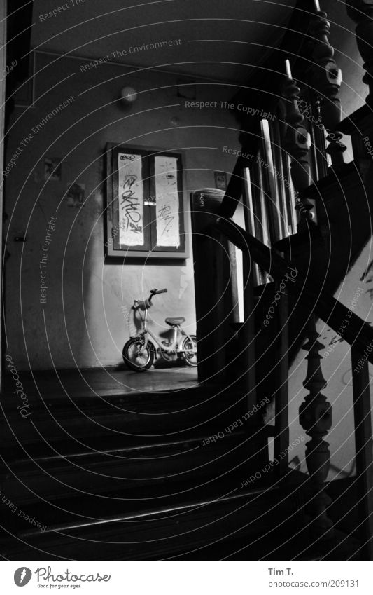 small wheel Old town House (Residential Structure) Stairs Emotions Sadness Black & white photo Interior shot Day Light Shadow Contrast Gloomy Dark Eerie