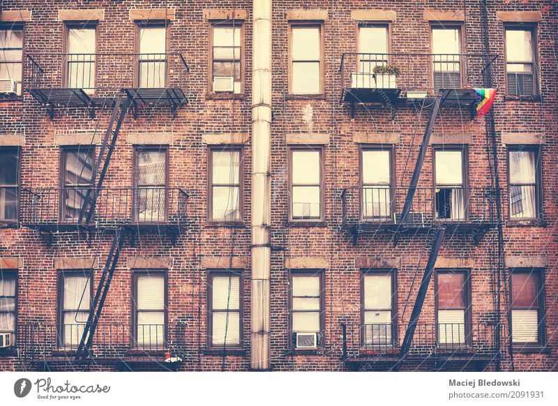 Fire escape, one of New York City symbols. Flat (apartment) House (Residential Structure) Manhattan Downtown Building Architecture Facade Old Retro Fire ladder
