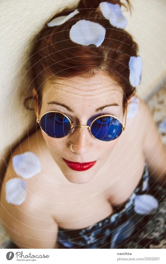 Young redhead woman wearing blue circle sunglasses Elegant Style Beautiful Skin Face Lipstick Freckles Human being Feminine Young woman Youth (Young adults) 1