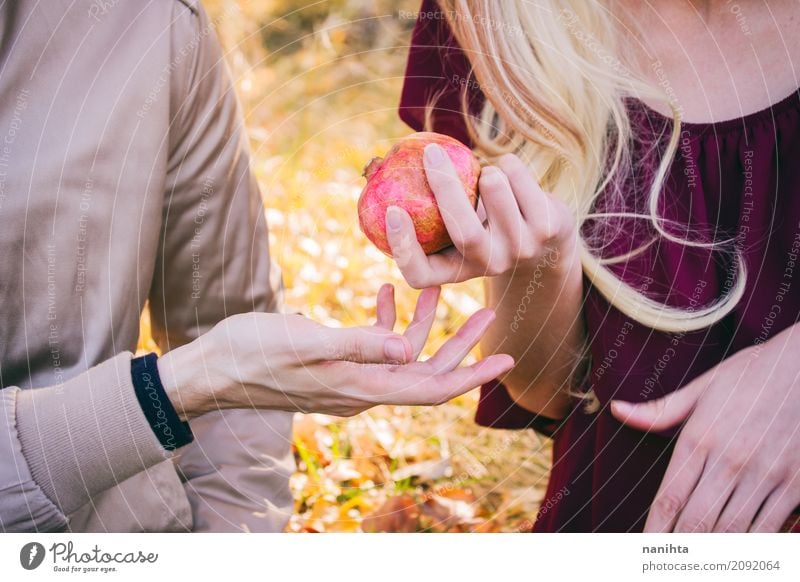 Young couple sharing a pomegranate Food Fruit Pomegranate Nutrition Human being Masculine Feminine Young woman Youth (Young adults) Young man Family & Relations