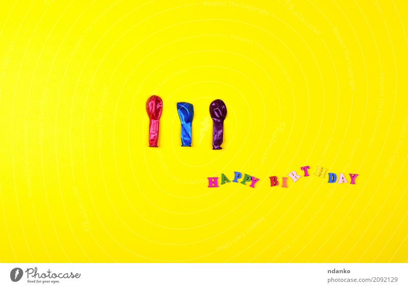 Birthday sign and three balloons Decoration Feasts & Celebrations Wood To enjoy Bright Yellow Red Happiness Colour greeting holiday Symbols and metaphors Guest