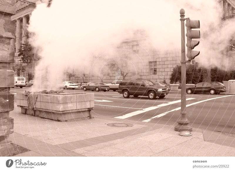 Washington Steam Washington DC USA Sepia Monochrome Crossroads Road traffic Outlet air Traffic light Town Downtown