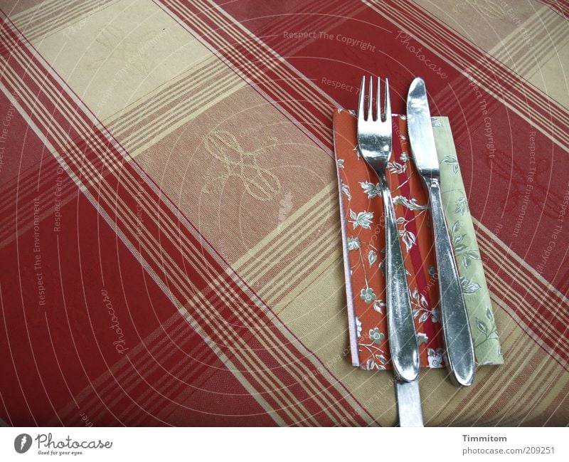 oh! oh! Nutrition Cutlery Knives Fork Restaurant Going out Wait Glittering Clean Red Reckless Pattern Checkered Napkin Arrangement Tablecloth Colour photo