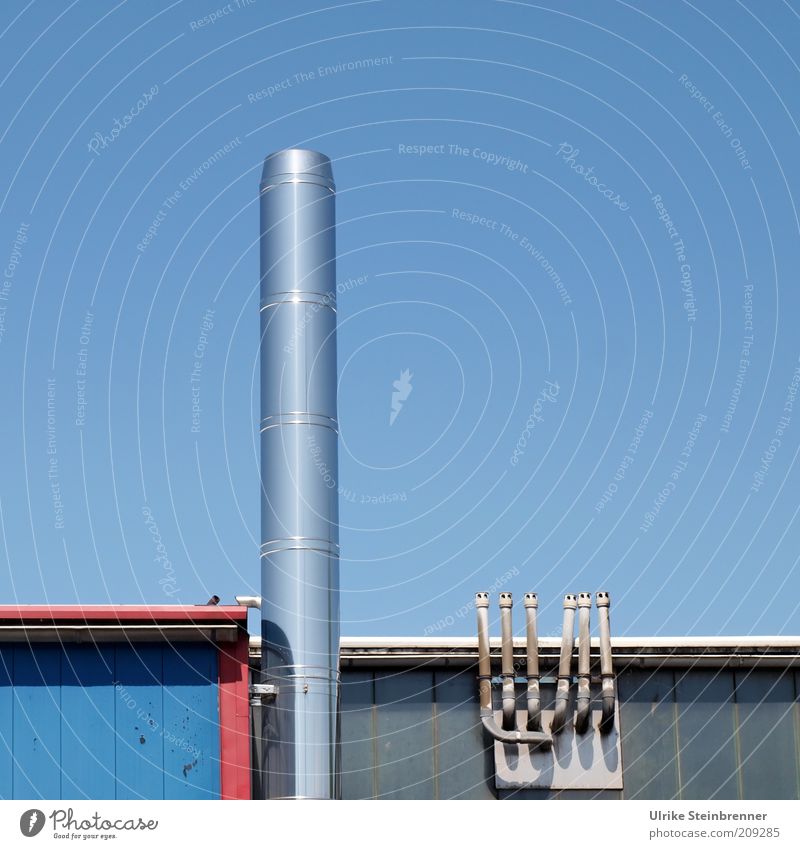 Chimney pipes on the harbor shed Air Sky Hut Metal Blue Ventilation Wooden hut Paintwork Stovepipe Outlet air Skyward Glittering Pipe Roof Colour photo