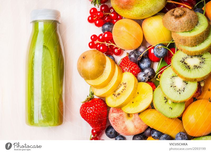 Green smoothie or juice with various fruits and berries Food Fruit Beverage Cold drink Juice Lifestyle Style Design Healthy Healthy Eating Yellow Cocktail