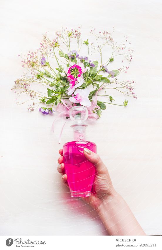 Female hand holds bottle with pink lotion and flowers Style Design Beautiful Personal hygiene Cosmetics Perfume Spa Human being Feminine Woman Adults Hand Plant