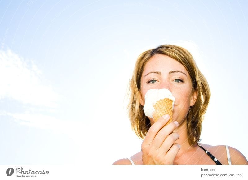 Look what I got. Woman Human being Ice Ice cream Summer Vanilla pod Vanilla ice cream Lick Nutrition Eating Portrait photograph Sky Delicious Ice-cream cone