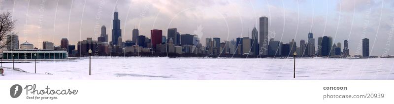 Chicago Winter Skyline (Panorama) Illinois Lake Michigan Cold Sears Tower High-rise Snow layer North America USA Ice Hancock Center