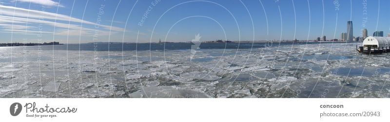 New York Sunday Morning (Panorama) New York City Ice floe Cold North America USA statue of liberty Ellis Island Harbour Skyline Winter morning