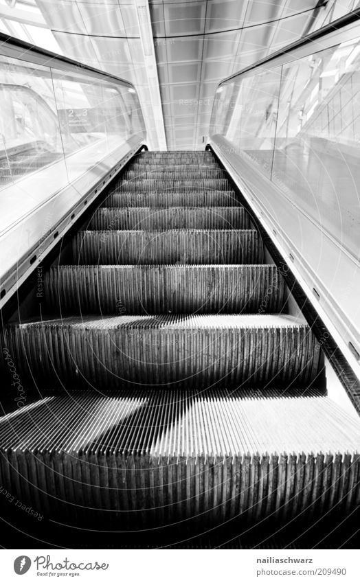 upward Deserted Train station Stairs Escalator Cold Gray Black White Black & white photo Interior shot Day Shadow Deep depth of field Upward Glass Modern