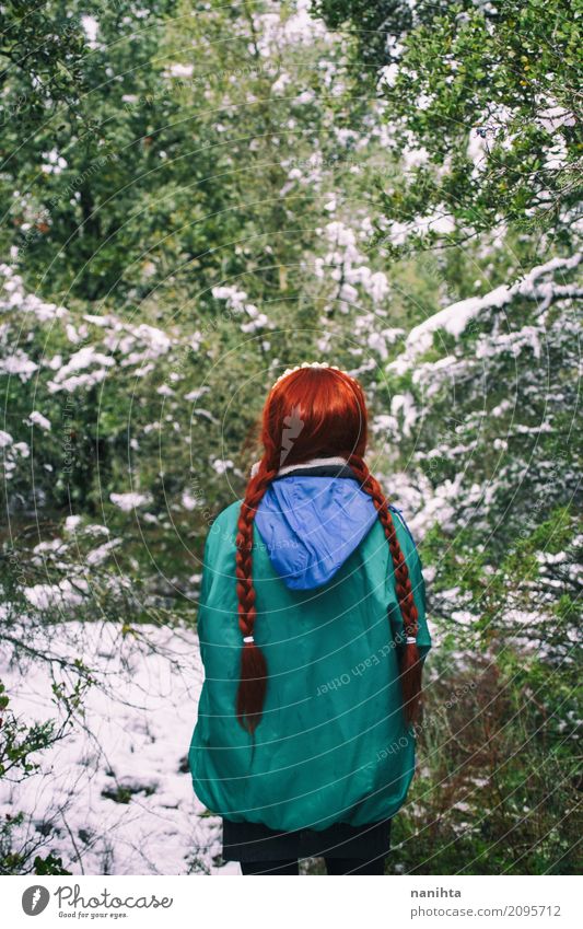 Back view of a redhead woman lost in a forest Lifestyle Vacation & Travel Tourism Adventure Freedom Human being Feminine Young woman Youth (Young adults) 1