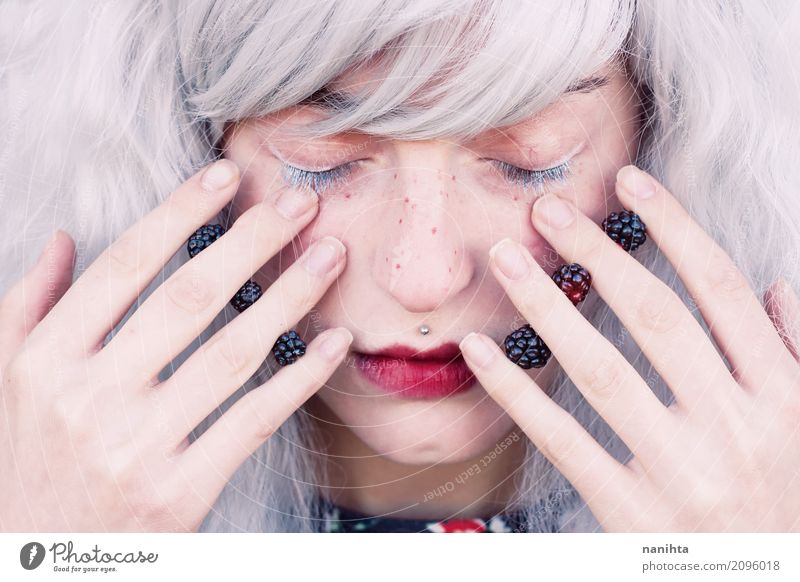 Young woman with white hair and blackberries in her hands Food Blackberry Nutrition Organic produce Vegetarian diet Exotic Beautiful Skin Face Freckles Healthy