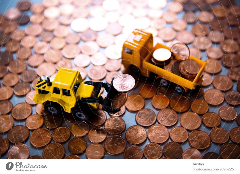 surplus Money Construction site Financial Industry Financial institution Truck Wheel loader Excavator shovel Coin Metal Digits and numbers Work and employment