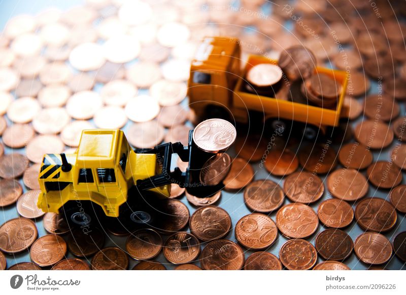 Loading 1 and 2 cent coins Money Trade Construction site Financial Industry Financial institution Truck Wheel loader Toys Digits and numbers Work and employment