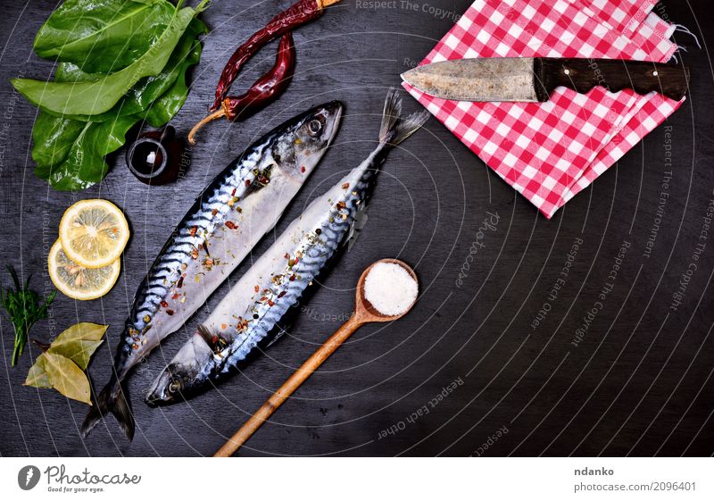 Two fresh whole mackerels Seafood Herbs and spices Nutrition Lunch Dinner Diet Spoon Ocean Table Restaurant Gastronomy Nature Animal Wood Fresh Naked Natural