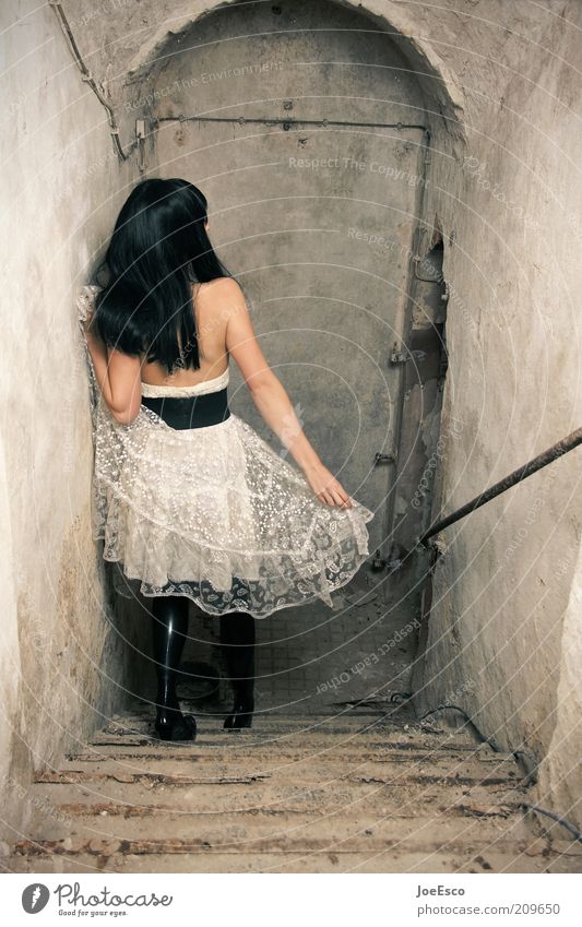 downwards... Elegant Style Cellar Night life Woman Adults Life Ruin Wall (barrier) Wall (building) Stairs Fashion Skirt Belt High heels Black-haired Long-haired