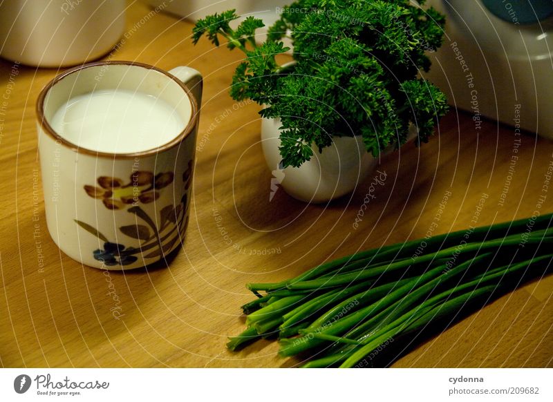 Fresh from the garden Herbs and spices Nutrition Organic produce Vegetarian diet Diet Milk Cup Healthy Calm Esthetic Idea Inspiration Still Life Parsley Chives