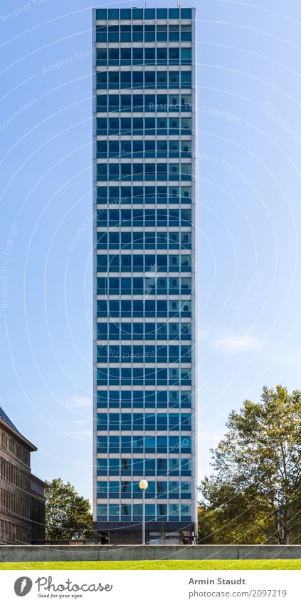 skyscraper Lifestyle Style Design Office Business Sky Beautiful weather Park Meadow Duesseldorf Town Downtown High-rise Manmade structures Facade Window