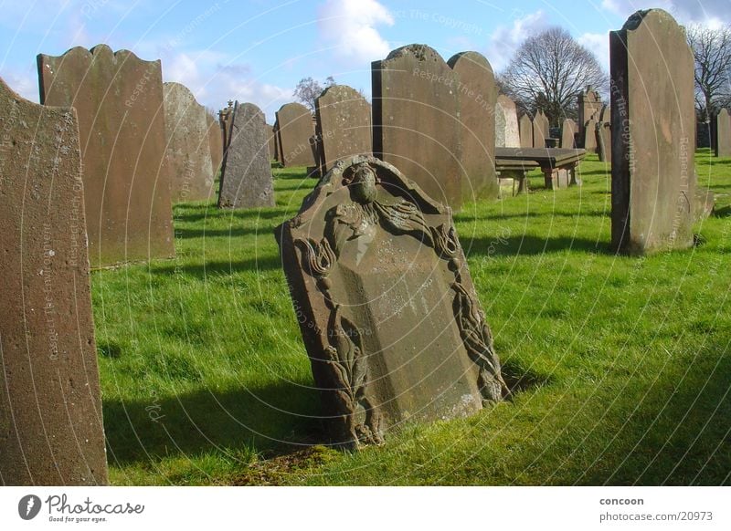 Scotch Churchyard Scotland Great Britain Tombstone Cemetery Meadow Decline Calm Obscure New Abbey Sun Death Religion and faith Stone