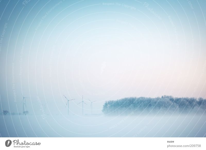 country in view Wind energy plant Industry Environment Nature Landscape Elements Air Sky Cloudless sky Horizon Winter Climate Bad weather Fog Ice Frost Snow