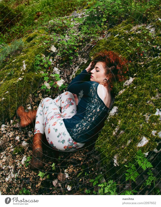 Young redhead hippie woman resting in nature Lifestyle Wellness Senses Relaxation Calm Meditation Human being Feminine Young woman Youth (Young adults) 1