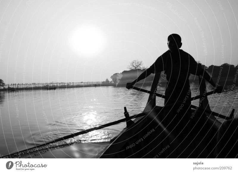 rowier Vacation & Travel Tourism Trip Rowboat Human being Masculine Man Adults 1 Water Sun Beautiful weather Lake Amarapura Myanmar Asia South East Asia Bridge