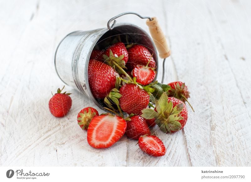 Strawberries in a bucket on a white wooden table Fruit Dessert Diet Summer Table Group Wood Fresh Bright Delicious Natural Juicy Red White Colour Berries