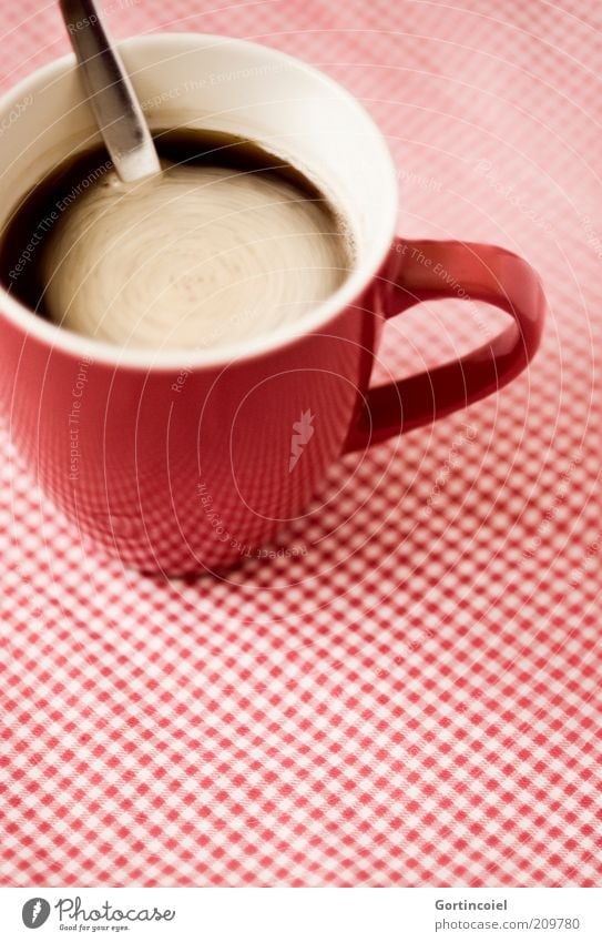 Coffee in Motion Food To have a coffee Beverage Drinking Hot drink Cup Spoon Retro Red Foam Stir Checkered Coffee cup Coffee break Coffee mug Colour photo