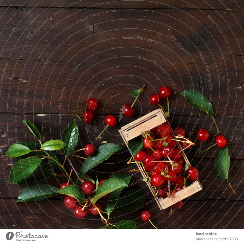 Fresh sour cherries in a box on a wooden table Fruit Vegetarian diet Diet Bowl Summer Table Leaf Dark Delicious Juicy Sour Wild Brown Green Red Berries Cherry