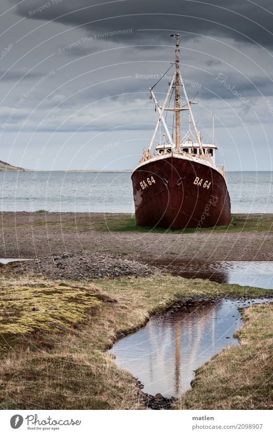 shore leave Landscape Sand Water Sky Clouds Horizon Spring Weather Grass Coast Beach Fjord Ocean Fishing boat Blue Brown Green Red Stranded Wreck Iceland