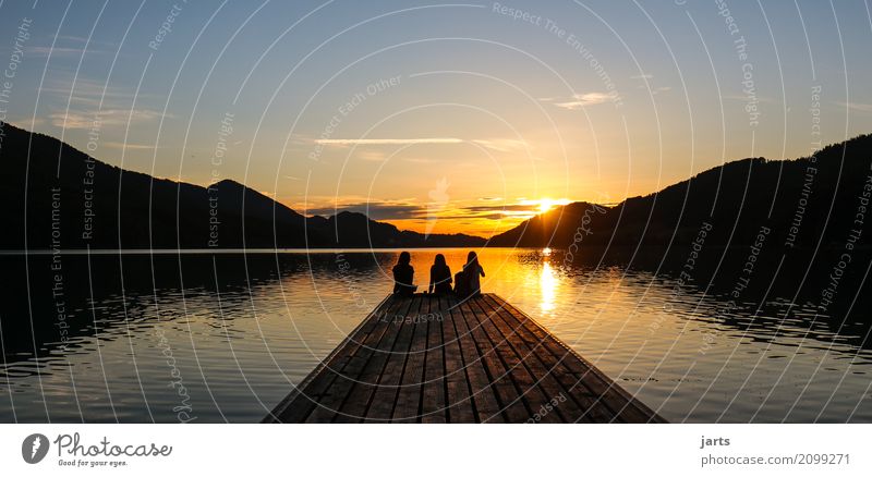 good evening Human being Feminine Friendship 3 Sky Clouds Sunrise Sunset Summer Beautiful weather Hill Mountain Lakeside Sit Free Infinity Natural Serene Calm